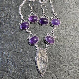 Rough Labradorite and Amethyst Gemstone Necklace and Earring Jewelry Set